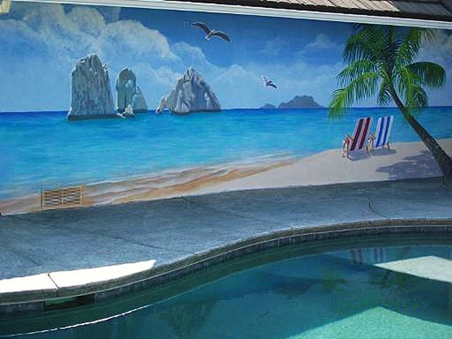 Cabo San Lucas, pool, mural, Coronas, acrylic