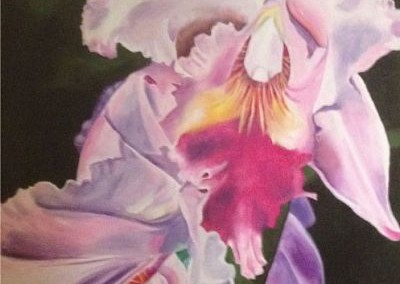 Large acrylic painting of Orchids by Cynthia Hallstrom